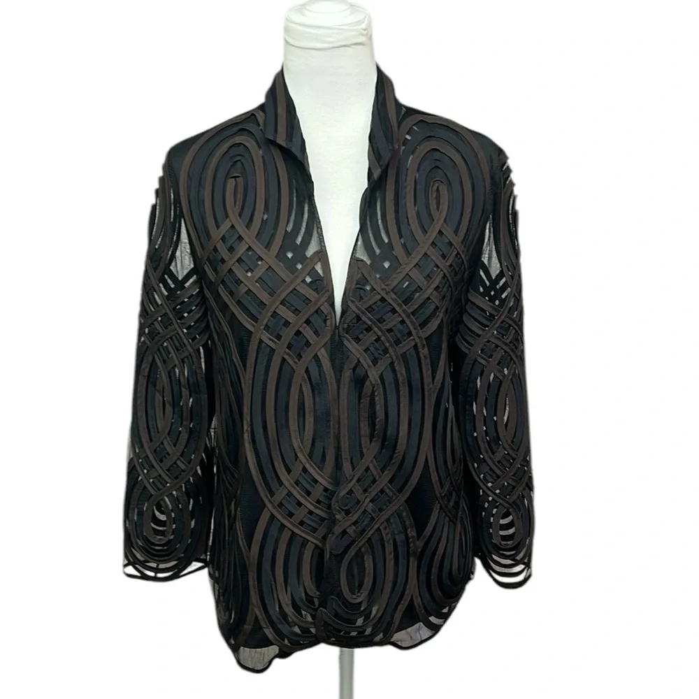 Chicos Travelers Neutral Swirl Strip Jacket - Picture 2 of 7